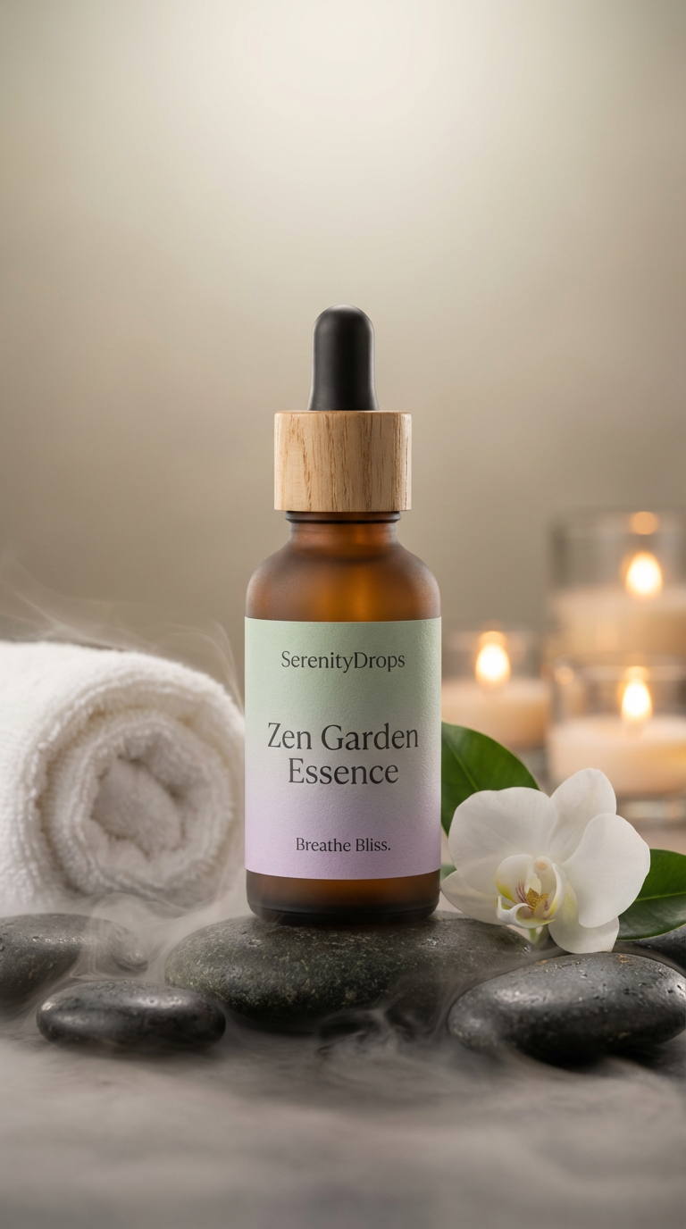 Invent a calming aromatherapy brand and create a premium essential oil. Brand name: “SerenityDrops” Product name: “Zen Garden Essence” Tagline: “Breathe Bliss.” Design: small frosted amber dropper bottle with a simple gradient label (soft…