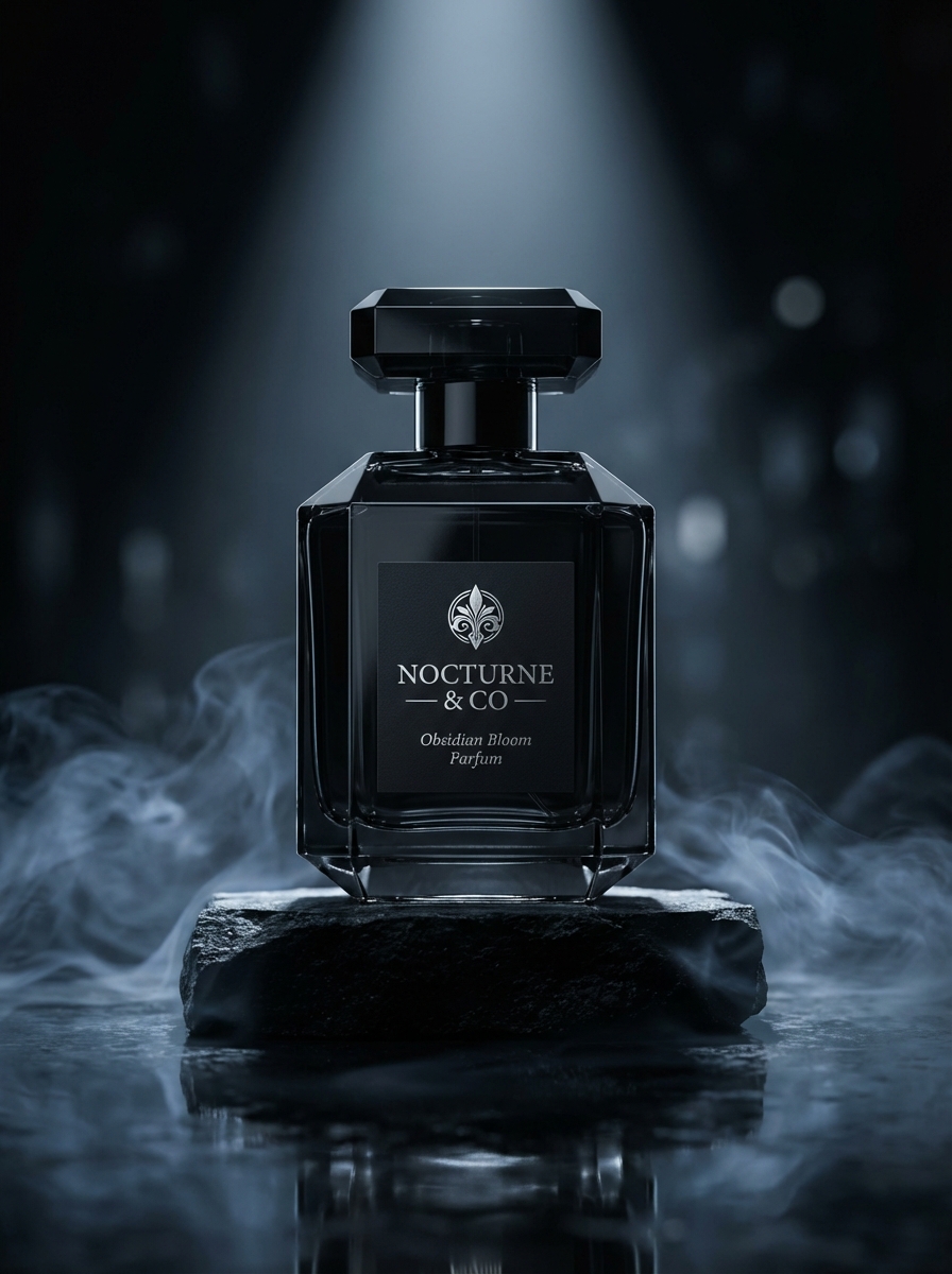 Brand/Product: NOCTURNE & CO — Obsidian Bloom Parfum Prompt: High-end perfume bottle mockup, brand “NOCTURNE & CO”, “Obsidian Bloom Parfum”, faceted black glass bottle with matte label, silver micro-foil emblem, placed on a black stone pli…